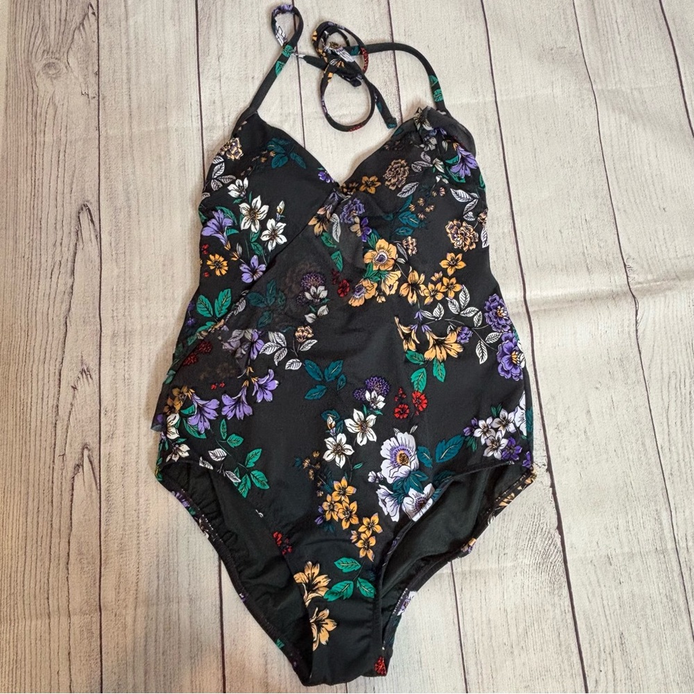 Time and Tru Dark Gray Floral One Piece Swimsuit with Tie Neck Size L